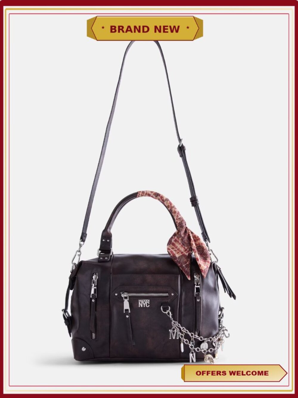 Medium Satchel Handbag with Exterior Zip Pockets, Scarf & Keychain Charm